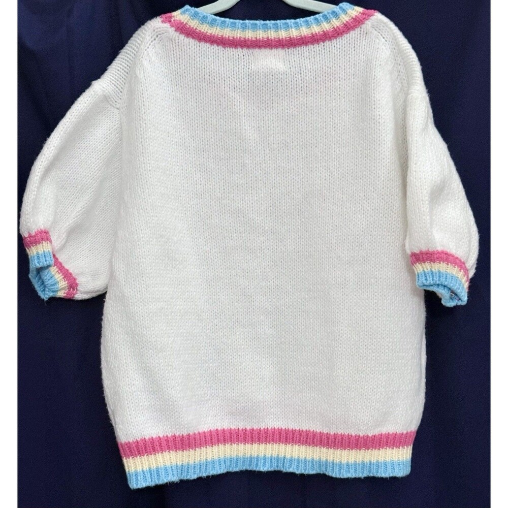 EUC BiBi Fuzzy Cursive Script Spring Sweater Coquette Y2K Puff Sleeve Knit Top S - Picture 7 of 15